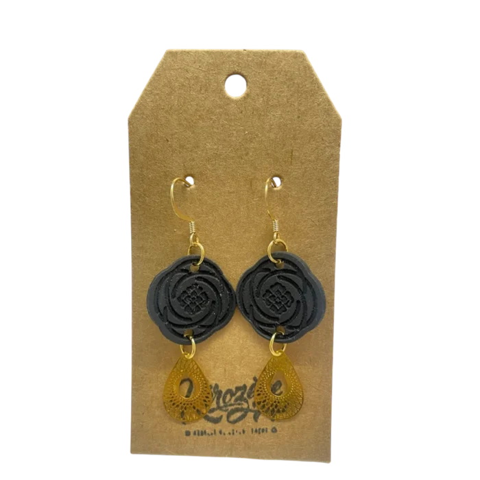 Boucles d’oreilles Séléné en chambre à air upcylée et dentelle de laiton