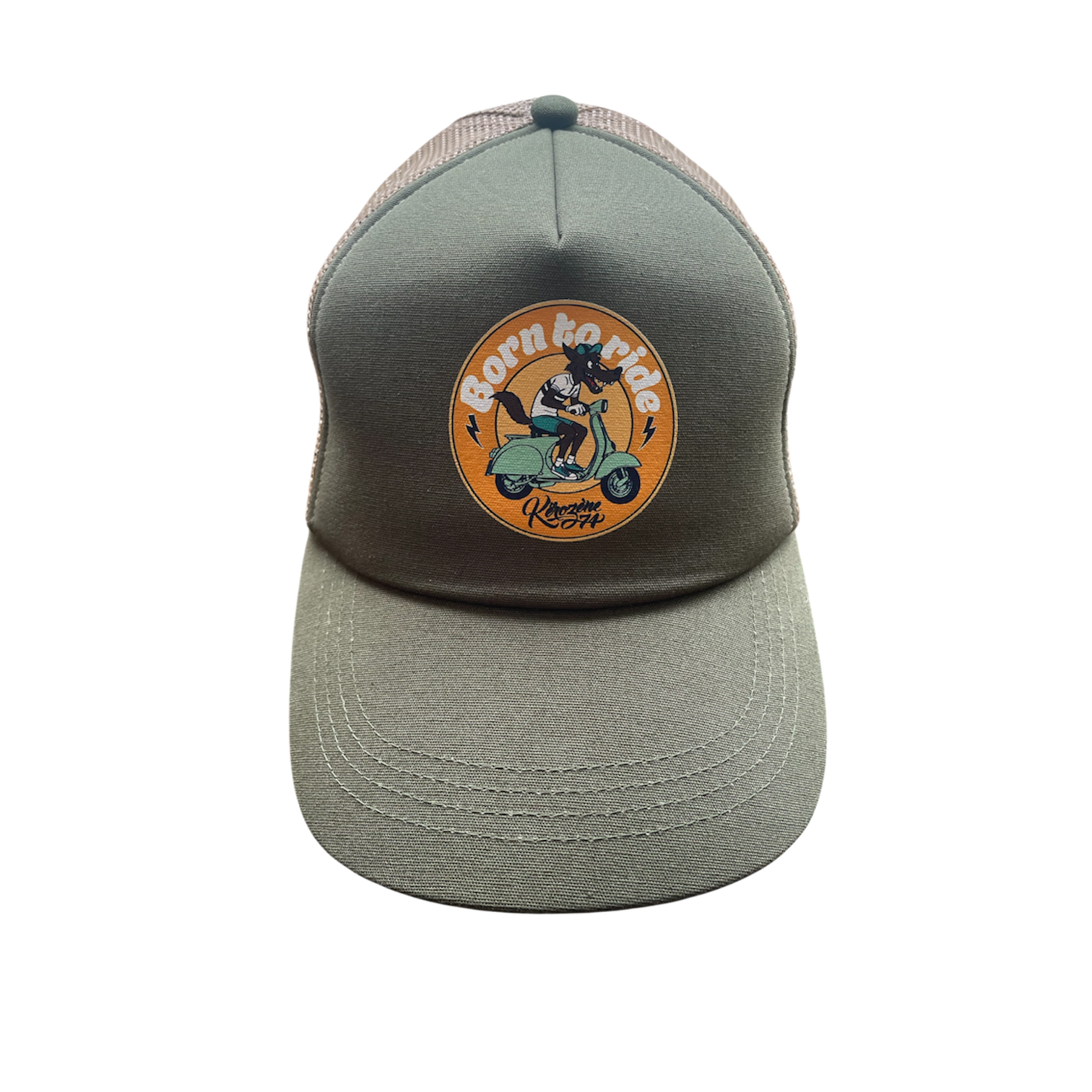 Casquette en coton 270g/m² avec un motif imprimé qui représente un loup en scooter, avec l'inscription "Born to ride"