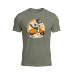 T-shirt kaki en coton bio marqué "Born to ride" avec un loup conduisant un vespa
