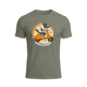 T-shirt kaki en coton bio marqué "Born to ride" avec un loup conduisant un vespa