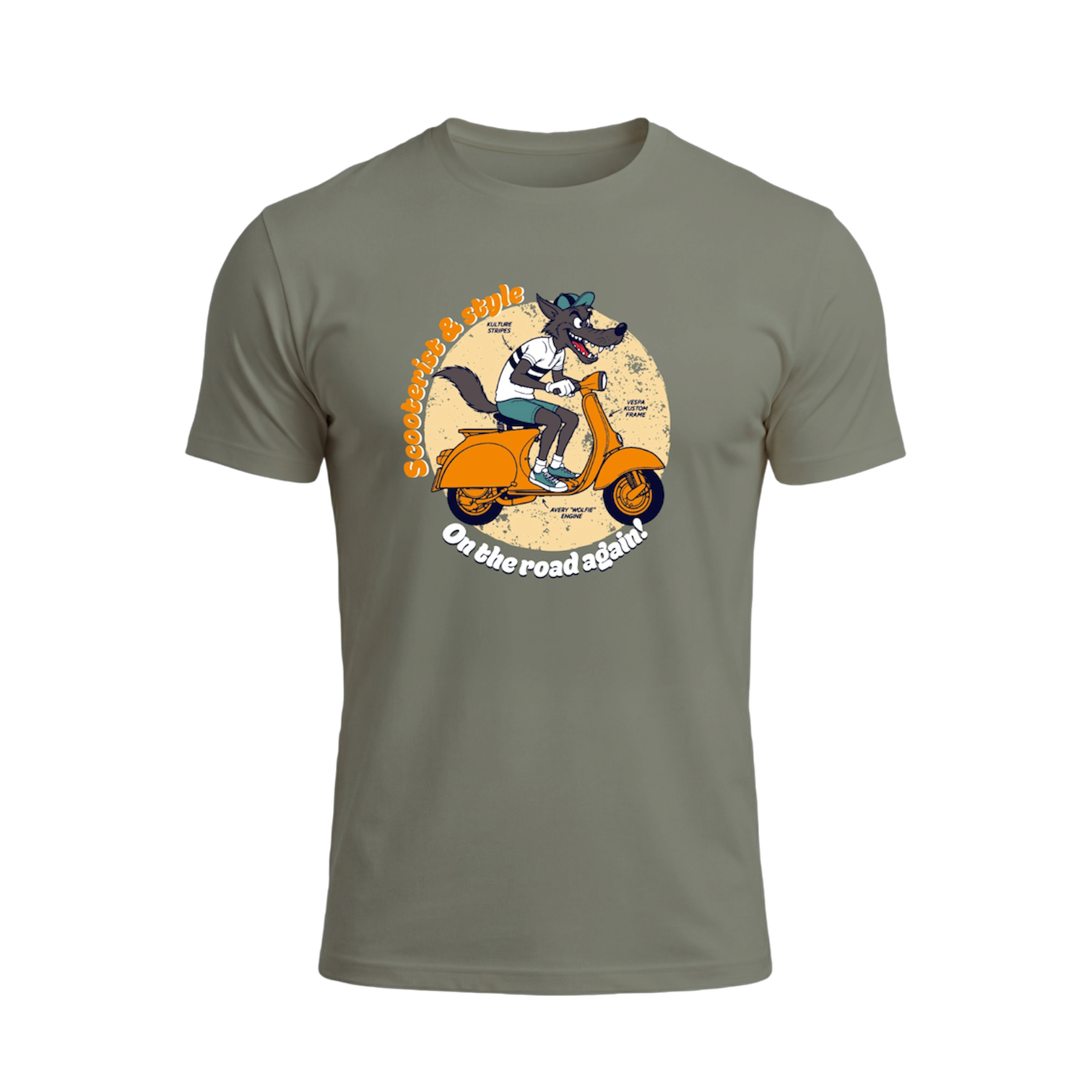 T-shirt kaki en coton bio marqué "Born to ride" avec un loup conduisant un vespa